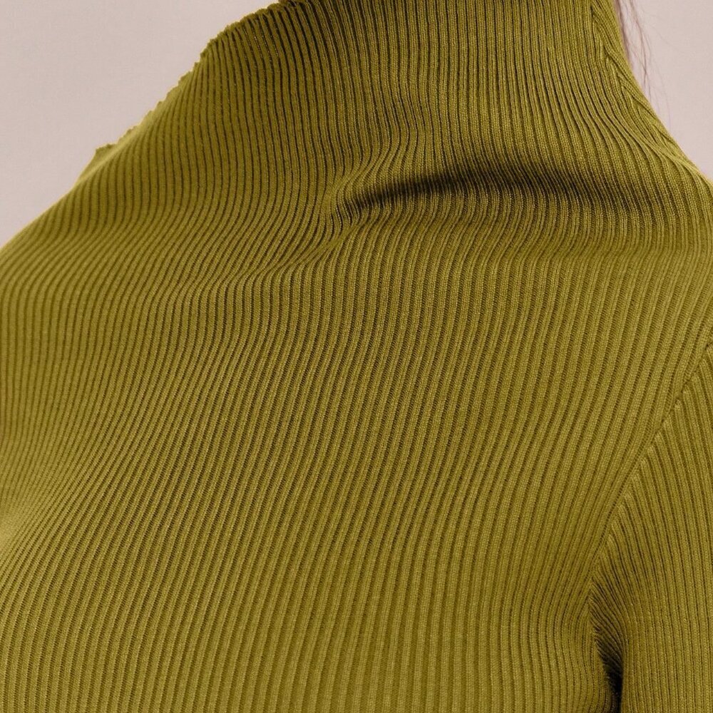 Olive Green Casual Asymmetrical Women's Ribbed Knit Sweater - Picture 4 of 5